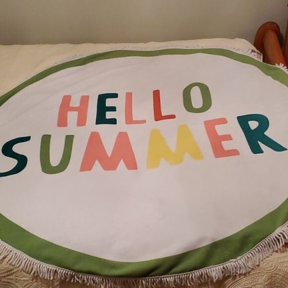 West Loop Tassled ~60" Diameter Colorful "Hello Summer" Beach/Pool Towel Blanket - Picture 1 of 5